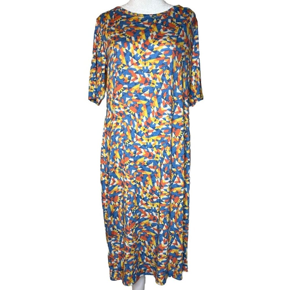LULAROE Tshirt Dress Style Julia Women’s Sz L Orange Blue White Yellow